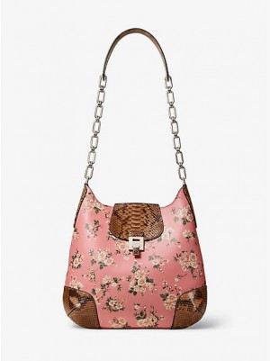 Michael Kors Bancroft Oversized Floral Calf Leren And Python Schoudertassen Dames Roze Bruin | 172954-IDH