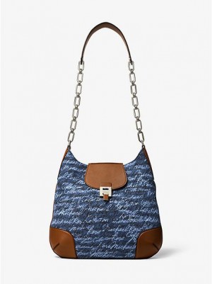 Michael Kors Bancroft Oversized Signature Print Denim Schoudertassen Dames Blauw | 017342-HDY