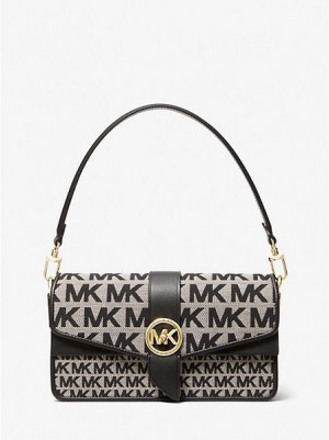 Michael Kors Greenwich Medium Logo Jacquard Schoudertassen Dames Beige Zwart | 231807-ENH