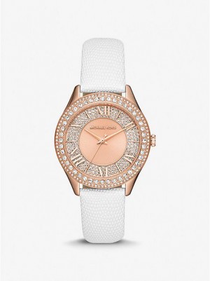 Michael Kors Harlowe Pave And Lizard Embossed Leren Riemen Horloge Dames Roze Goud | 609413-NWO