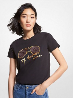 Michael Kors Logo Aviator Print Organic Katoenen T-shirts Dames Zwart | 740536-XUC