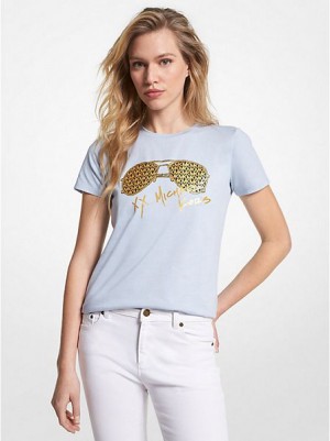 Michael Kors Metallic Logo Aviator Print Organic Katoenen T-shirts Dames Blauw Goud | 382647-OEC