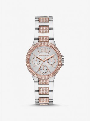 Michael Kors Mini Camille Pave Horloge Dames Zilver Roze | 734298-HOW