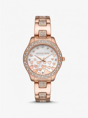 Michael Kors Mini Liliane Pave Heart Horloge Dames Roze Goud | 724038-HMW