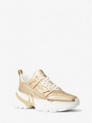 Michael Kors Nick Metallic Leren Sneakers Dames Goud | 186597-CAN