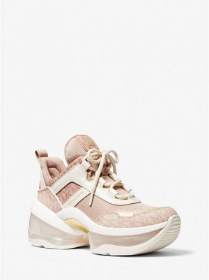 Michael Kors Olympia Extreme Color-block Jacquard And Logo Sneakers Dames Koraal Wit | 804157-CEQ