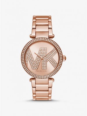 Michael Kors Oversized Pave Logo Horloge Dames Roze Goud | 036782-OWE