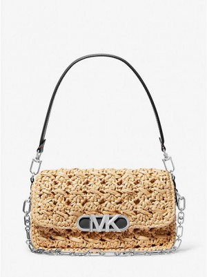 Michael Kors Parker Medium Woven Straw Schoudertassen Dames Beige Zwart | 207354-RZL