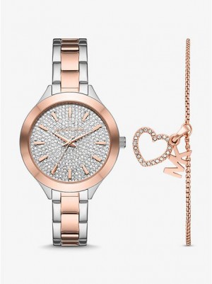 Michael Kors Pave And Heart Bracelet Set Horloge Dames Zilver Roze | 154907-GEM