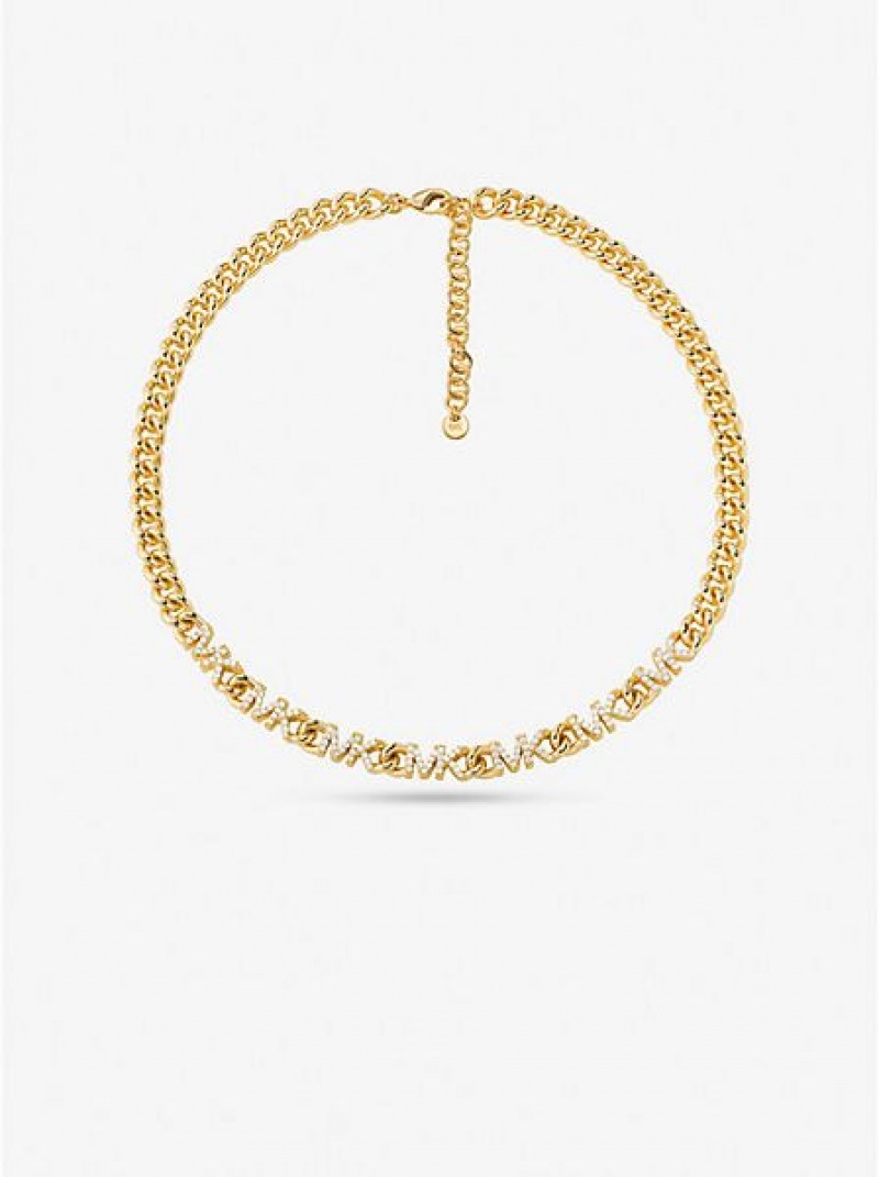 Michael Kors 14k Gold-plated Brass Pave Logo Chain Kettingen Dames Goud | 458912-JHC