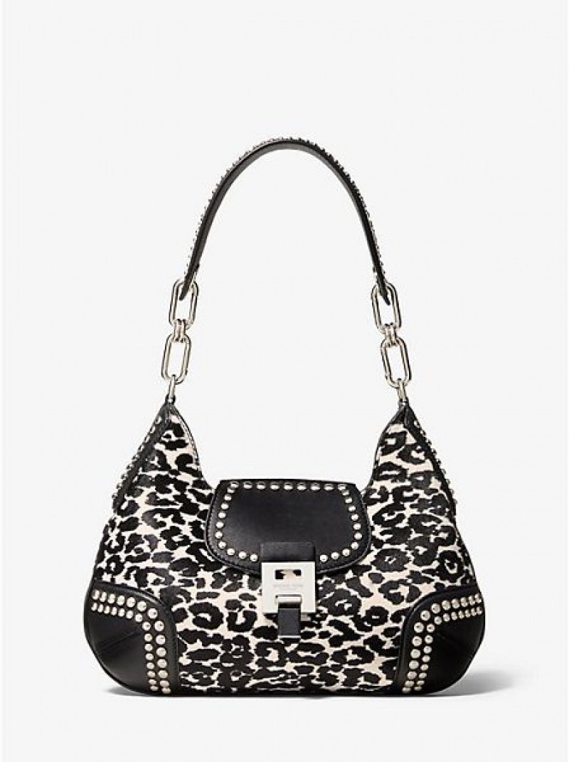 Michael Kors Bancroft Medium Leopard Calf Hair And Studded Leren Schoudertassen Dames Wit | 704852-SDF