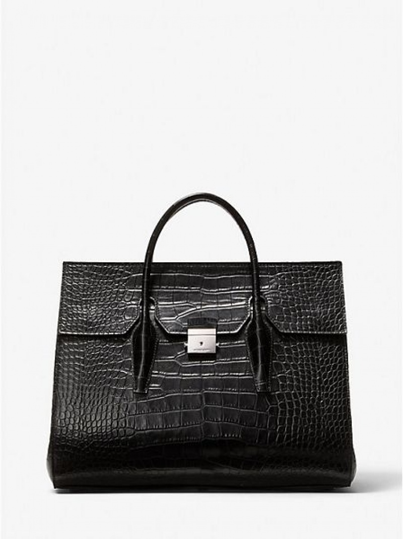 Michael Kors Campbell Crocodile Embossed Leren Weekendtas Dames Zwart | 537846-LMZ