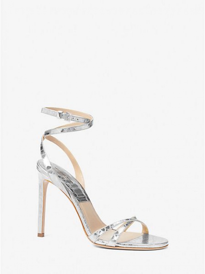 Michael Kors Chrissy Metallic Python Embossed Leren Sandalen Dames Zilver | 107328-FWV