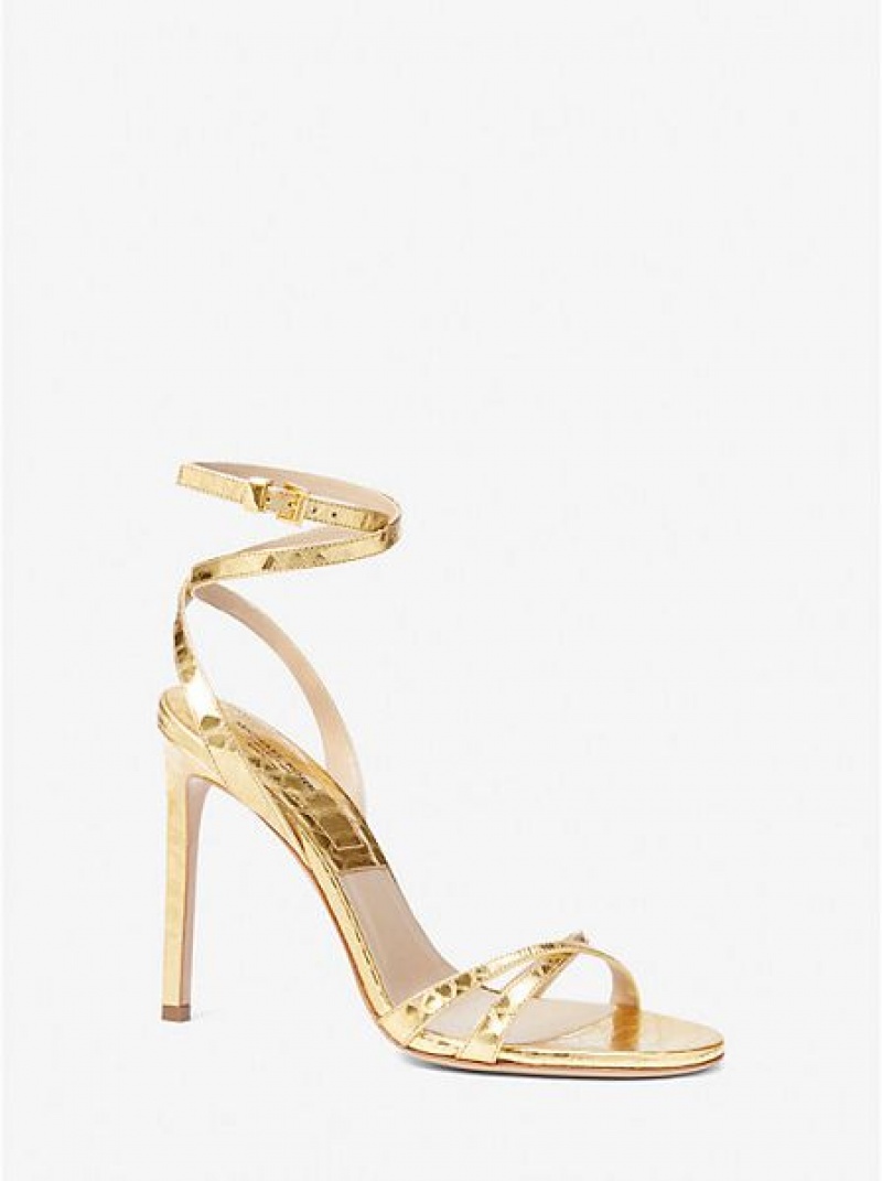 Michael Kors Chrissy Metallic Python Embossed Leren Sandalen Dames Goud | 709368-WHP