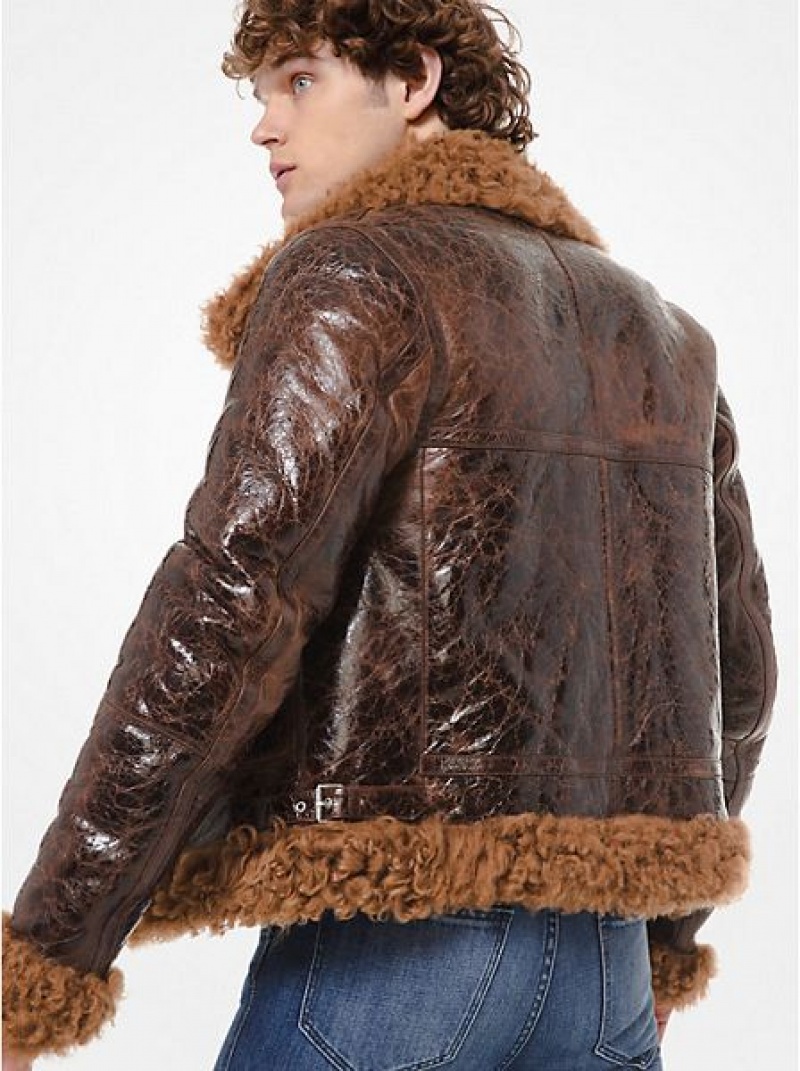 Michael Kors Distressed Lak Leren Shearling Jassen Heren Bruin | 205367-OUV