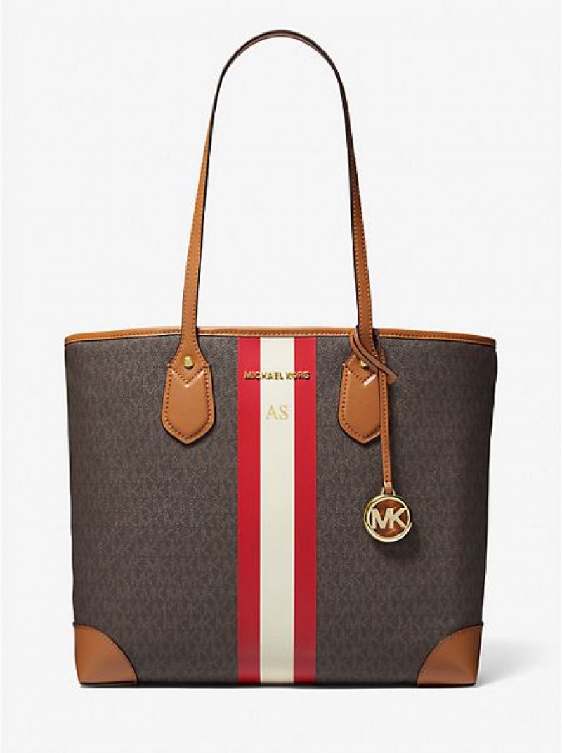 Michael Kors Eva Large Signature Logo Stripe Tote Tassen Dames Lichtrood | 912748-VJR