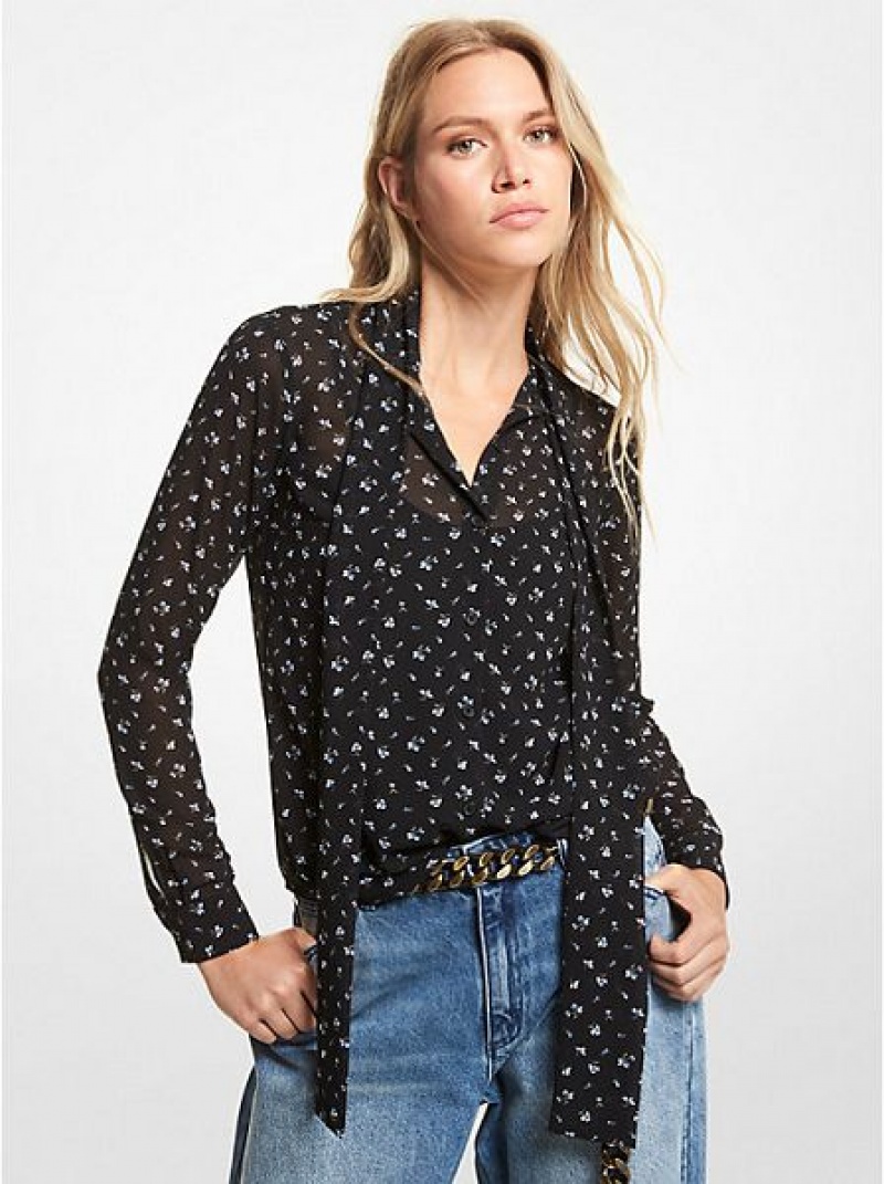 Michael Kors Floral Georgette Tie-neck Blouse Dames Zwart Wit | 968247-GLQ