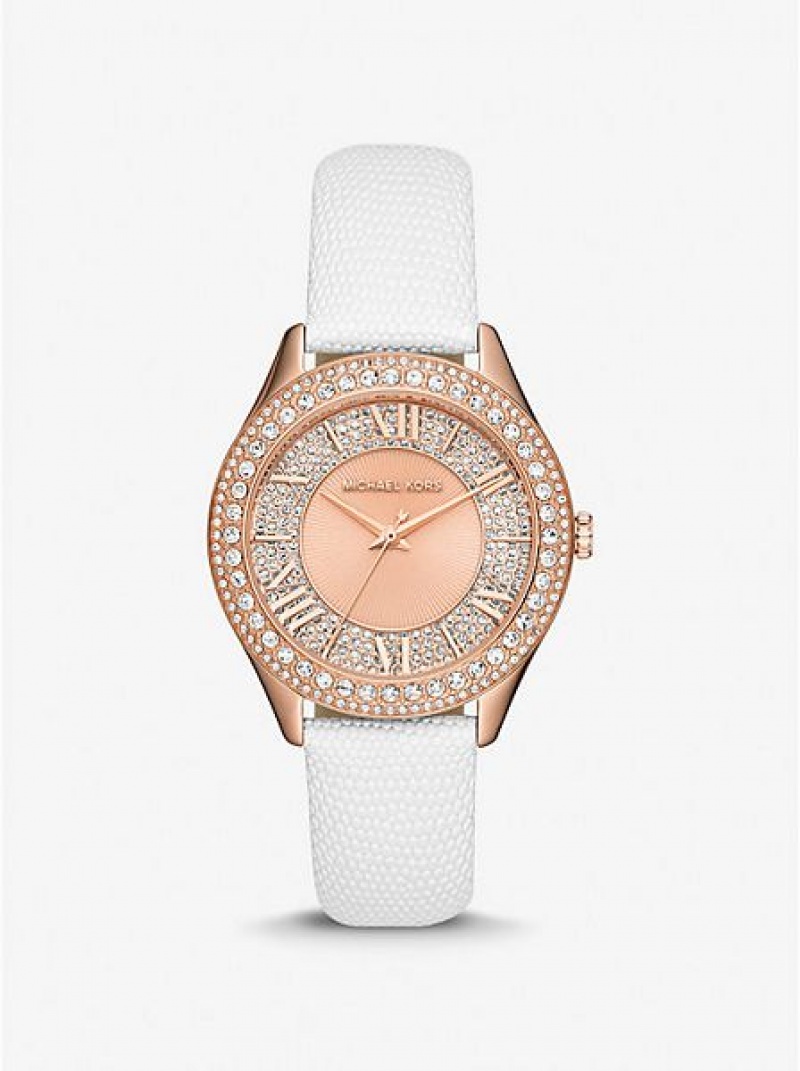 Michael Kors Harlowe Pave And Lizard Embossed Leren Riemen Horloge Dames Roze Goud | 609413-NWO