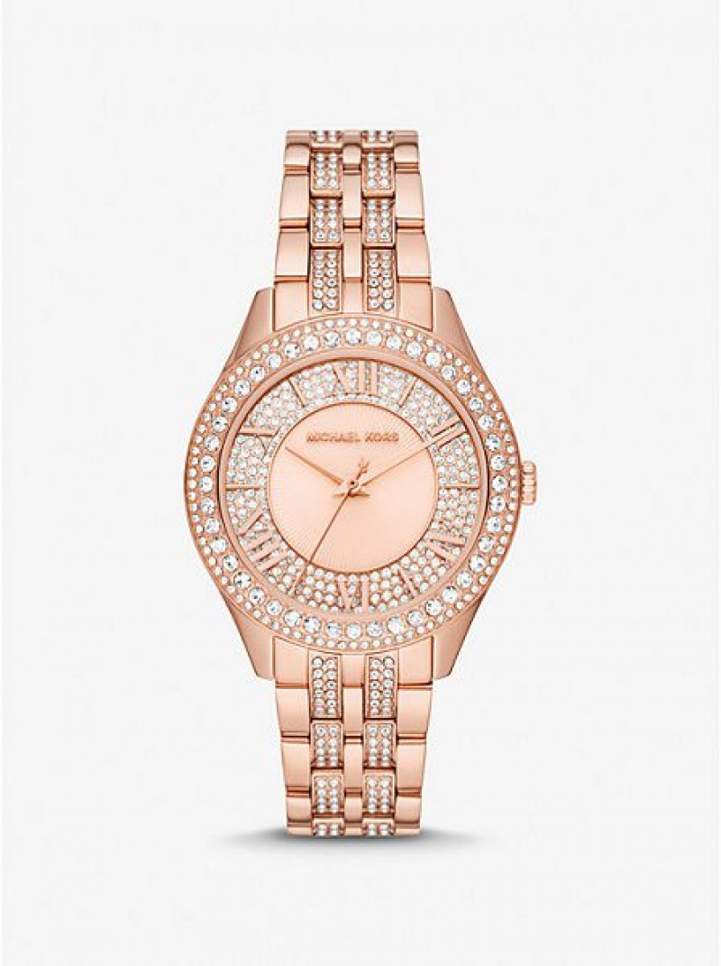 Michael Kors Harlowe Pave Horloge Dames Roze Goud | 460593-LMQ