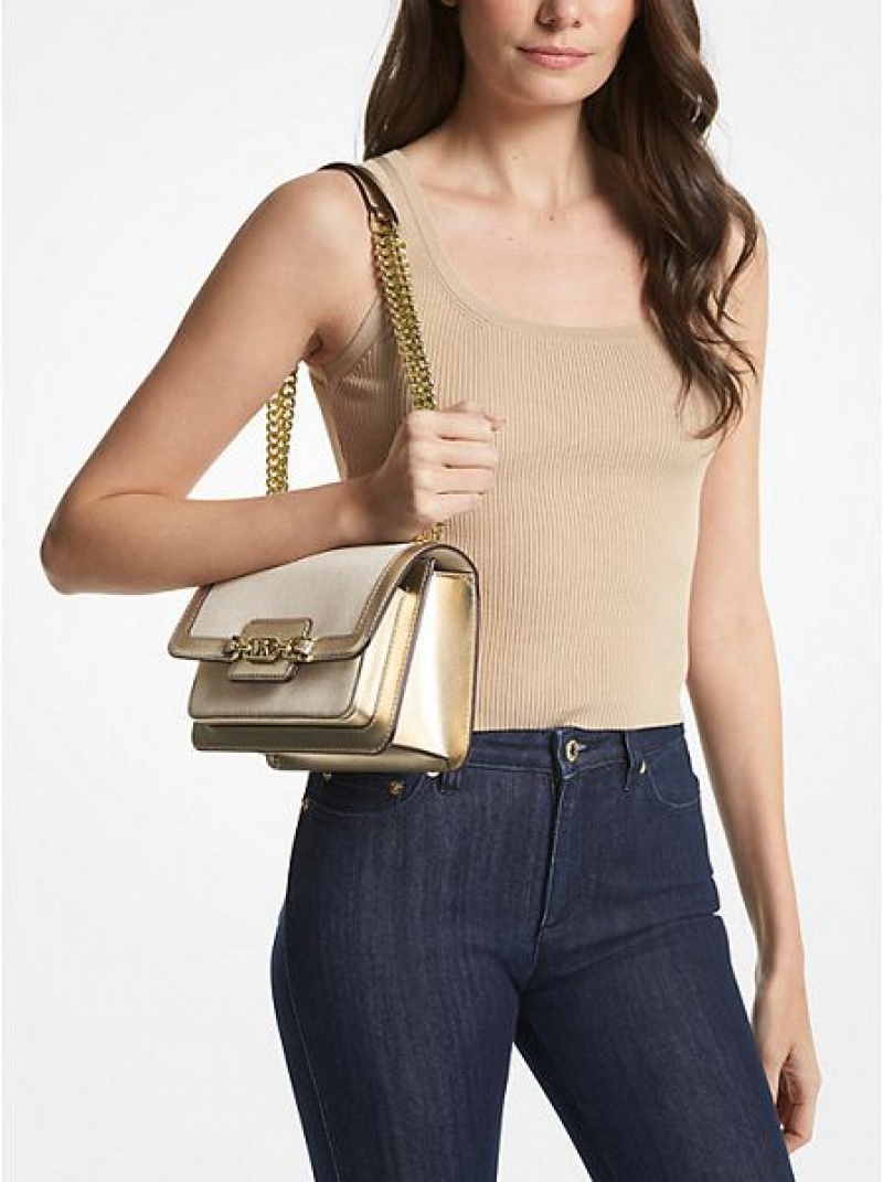 Michael Kors Heather Large Canvas And Metallic Faux Leren Schoudertassen Dames Goud Beige | 104859-JDK