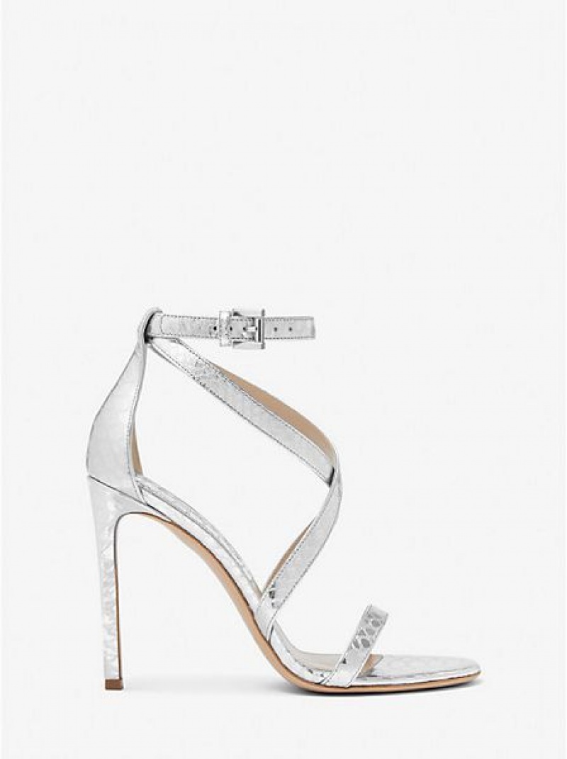 Michael Kors Ingrid Metallic Python Embossed Leren Sandalen Dames Zilver | 124856-CLJ