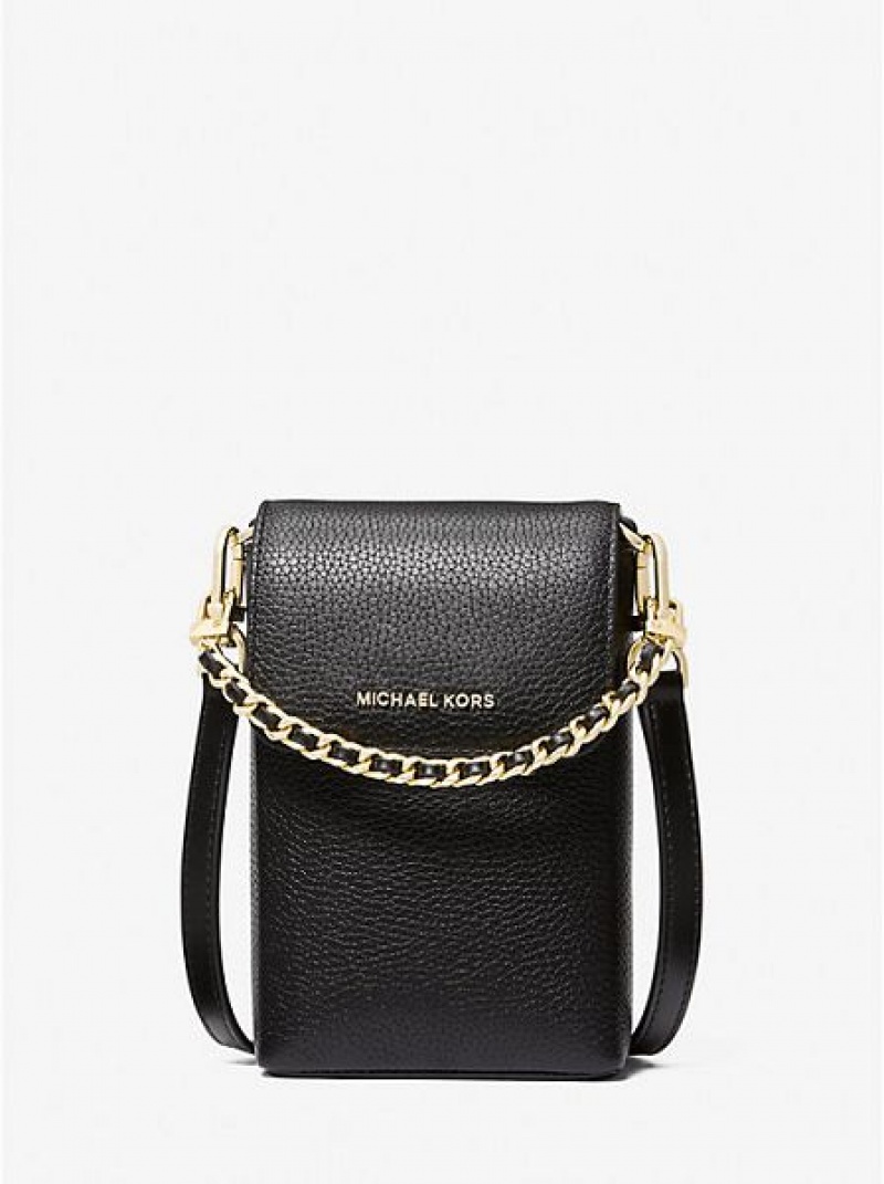 Michael Kors Jet Set Small Pebbled Leren Chain-link Smartphone Crossbodytassen Dames Zwart | 417586-YZM