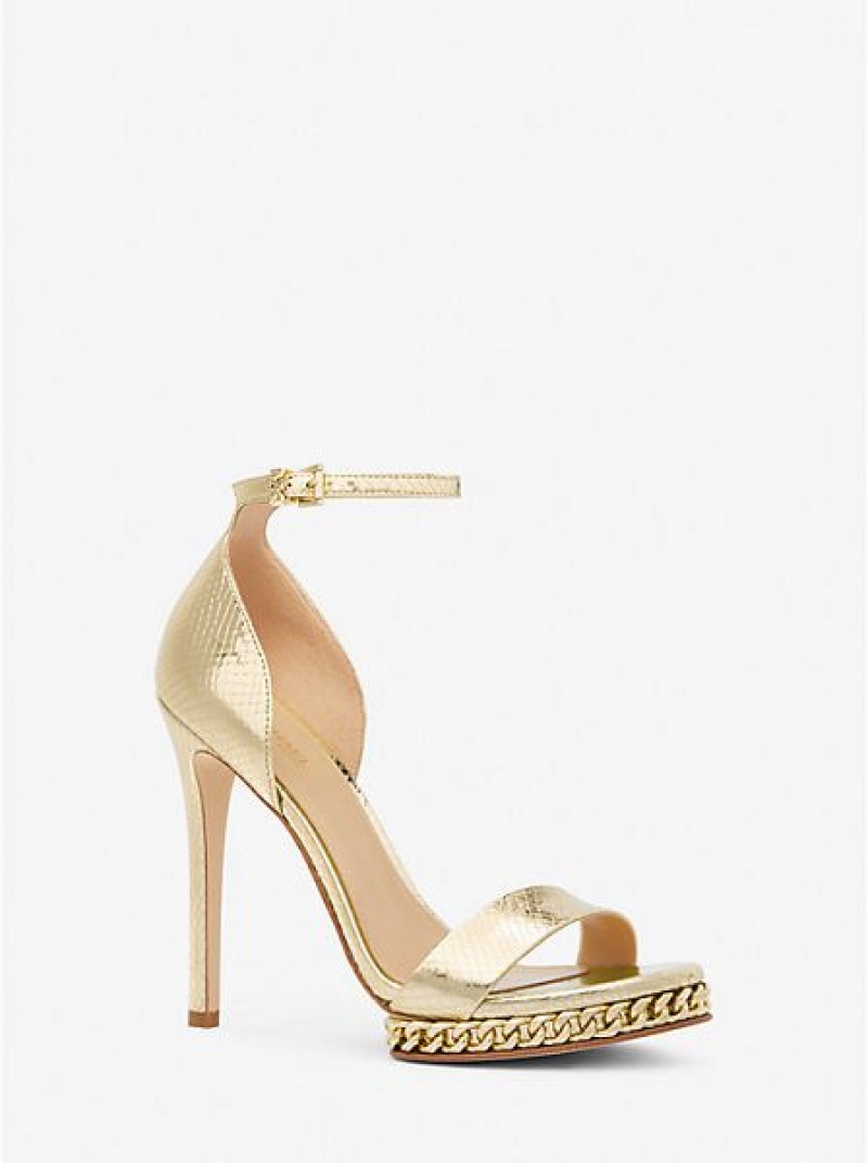 Michael Kors Jordyn Embellished Metallic Snake Embossed Leren Plateau Sandalen Dames Goud | 049578-BJA