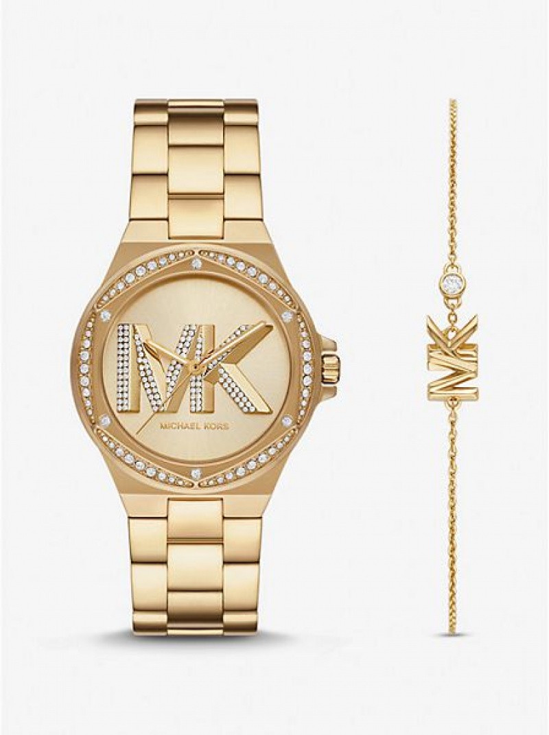 Michael Kors Lennox Pave Logo Horloge Dames Goud | 316082-MIN