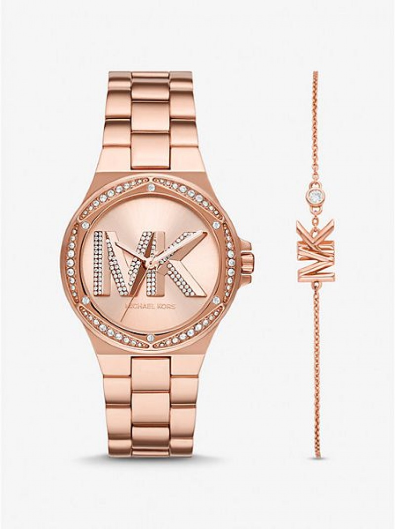 Michael Kors Lennox Pave Logo Horloge Dames Roze Goud | 602517-BQR