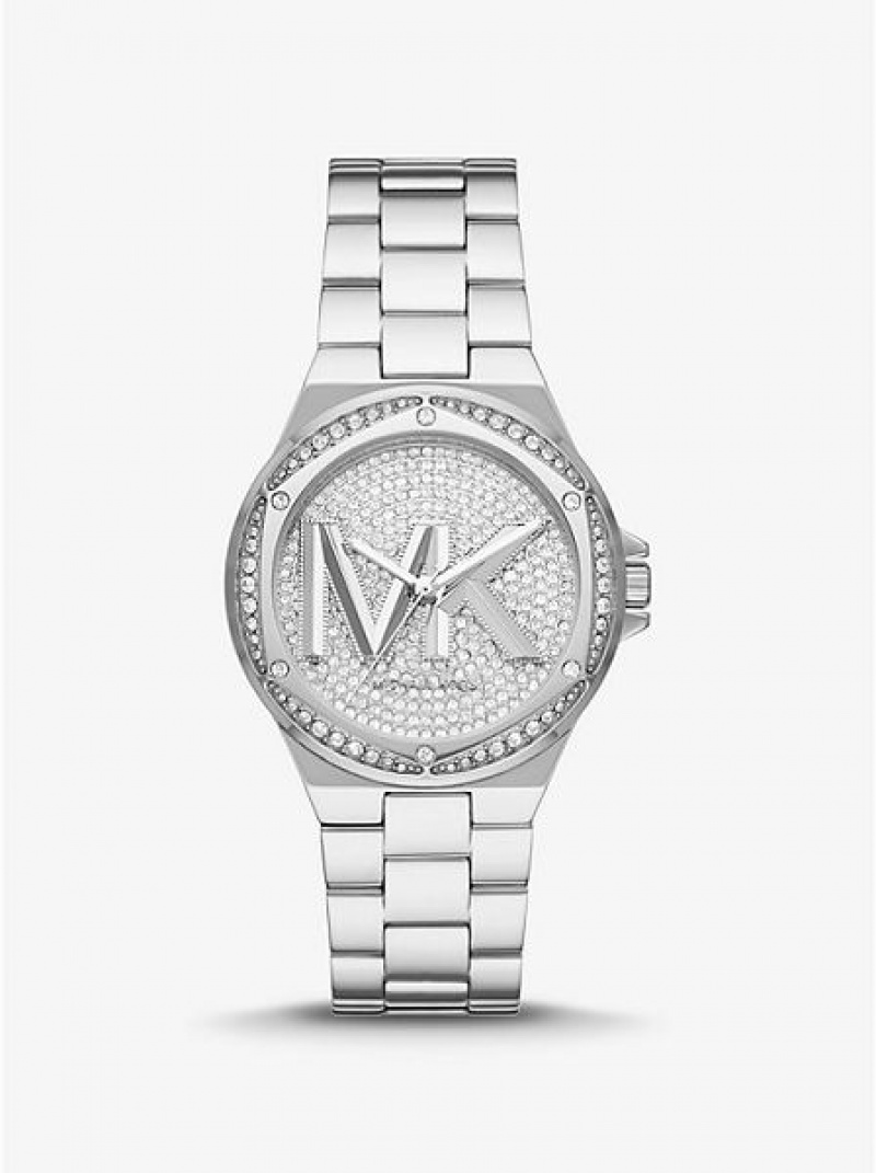 Michael Kors Lennox Pave Logo Horloge Dames Zilver | 876139-RKZ