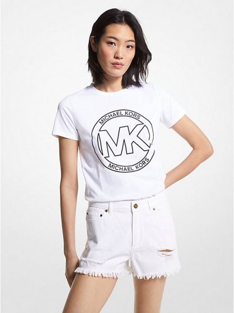 Michael Kors Logo Charm Print Organic Katoenen T-shirts Dames Wit | 965302-LYK