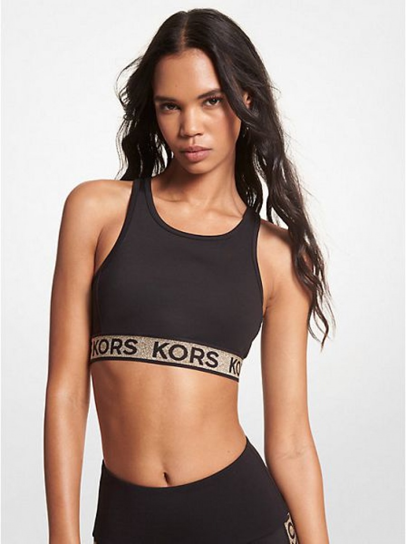 Michael Kors Logo Tape Stretch Nylon Sport Bh Dames Zwart Goud | 247698-TZP