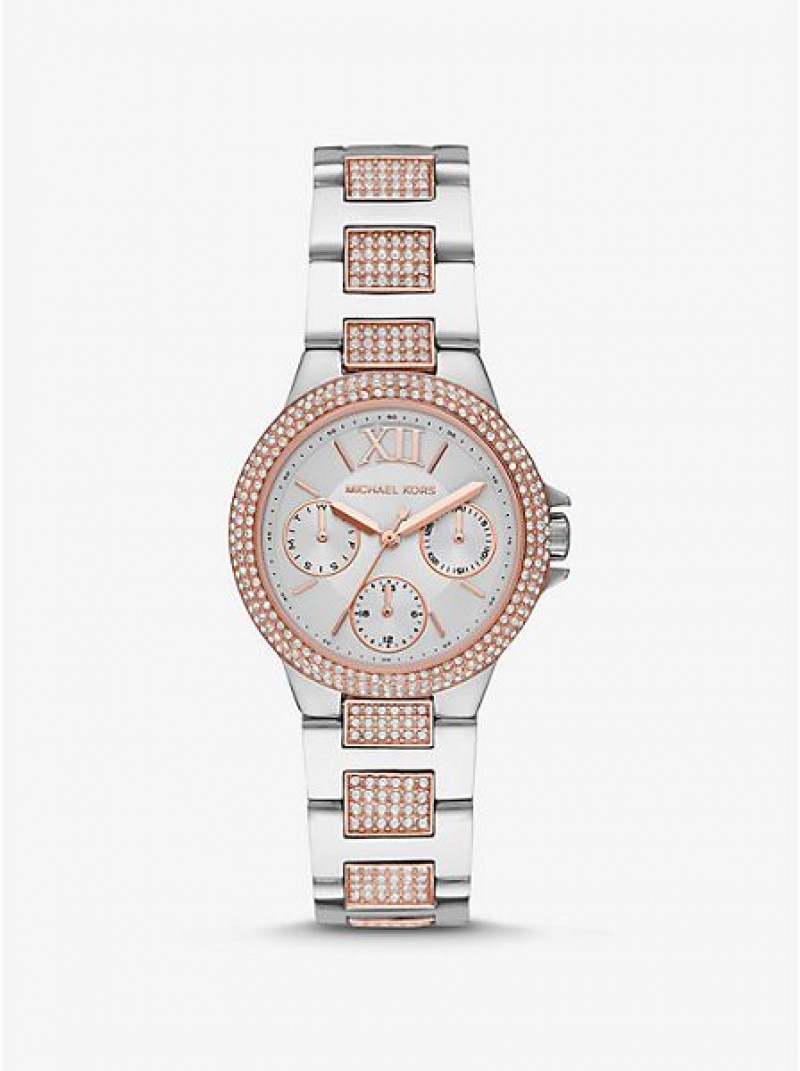 Michael Kors Mini Camille Pave Horloge Dames Zilver Roze | 734298-HOW