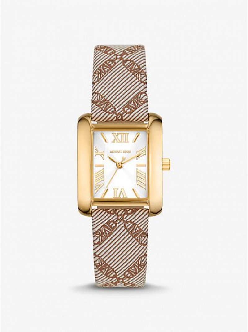 Michael Kors Mini Emery And Empire Logo Jacquard Horloge Dames Goud | 193678-VIA