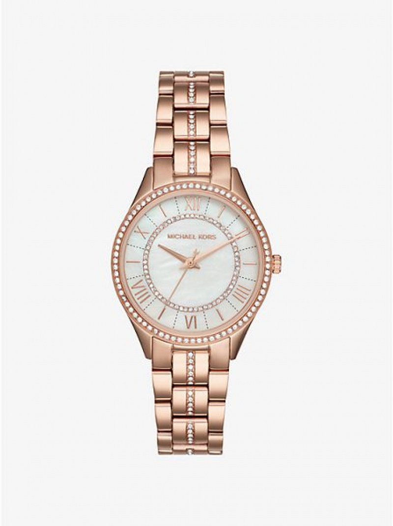 Michael Kors Mini Lauryn Pave Horloge Dames Roze Goud | 985103-HJF