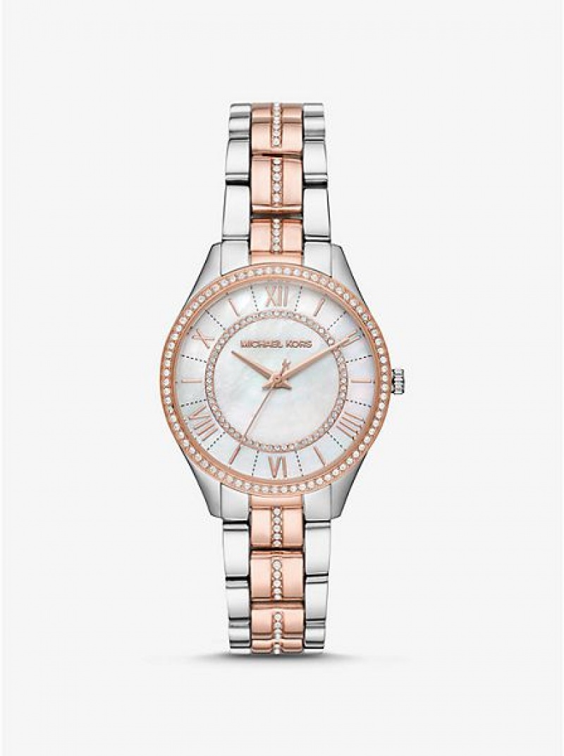 Michael Kors Mini Lauryn Pave Horloge Dames Zilver Roze | 308546-GOM