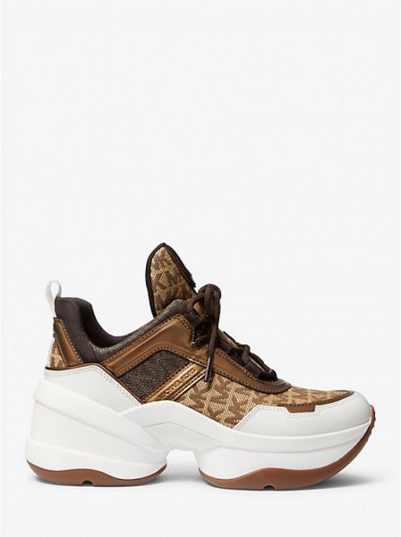 Michael Kors Olympia Logo Jacquard And Metallic Leren Sneakers Dames Beige Bruin | 819243-IQB