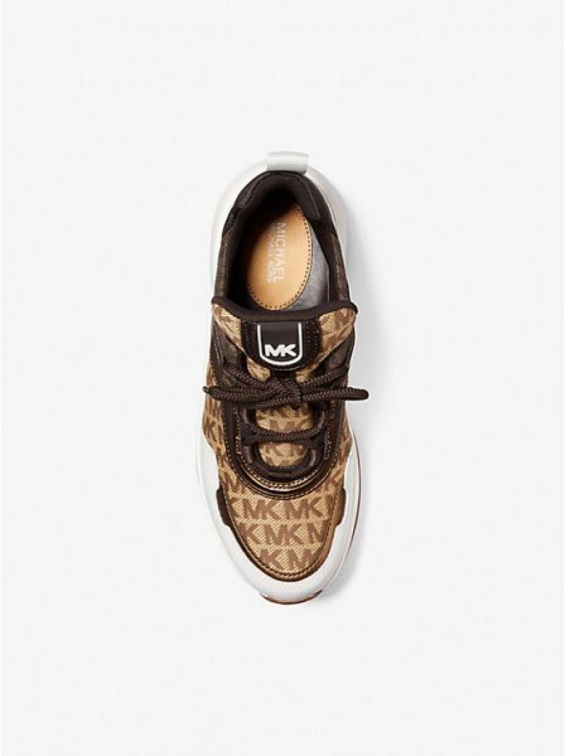 Michael Kors Olympia Logo Jacquard And Metallic Leren Sneakers Dames Beige Bruin | 819243-IQB