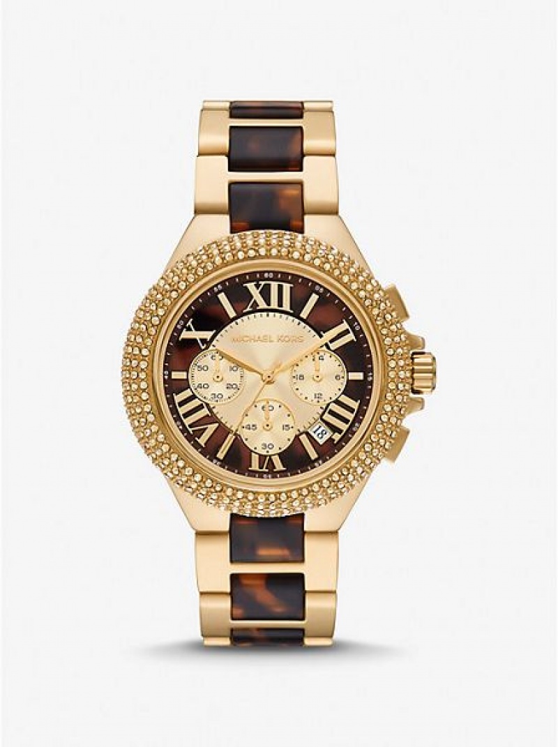 Michael Kors Oversized Camille Pave And Tortoiseshell Acetate Horloge Dames Goud | 516930-BKI