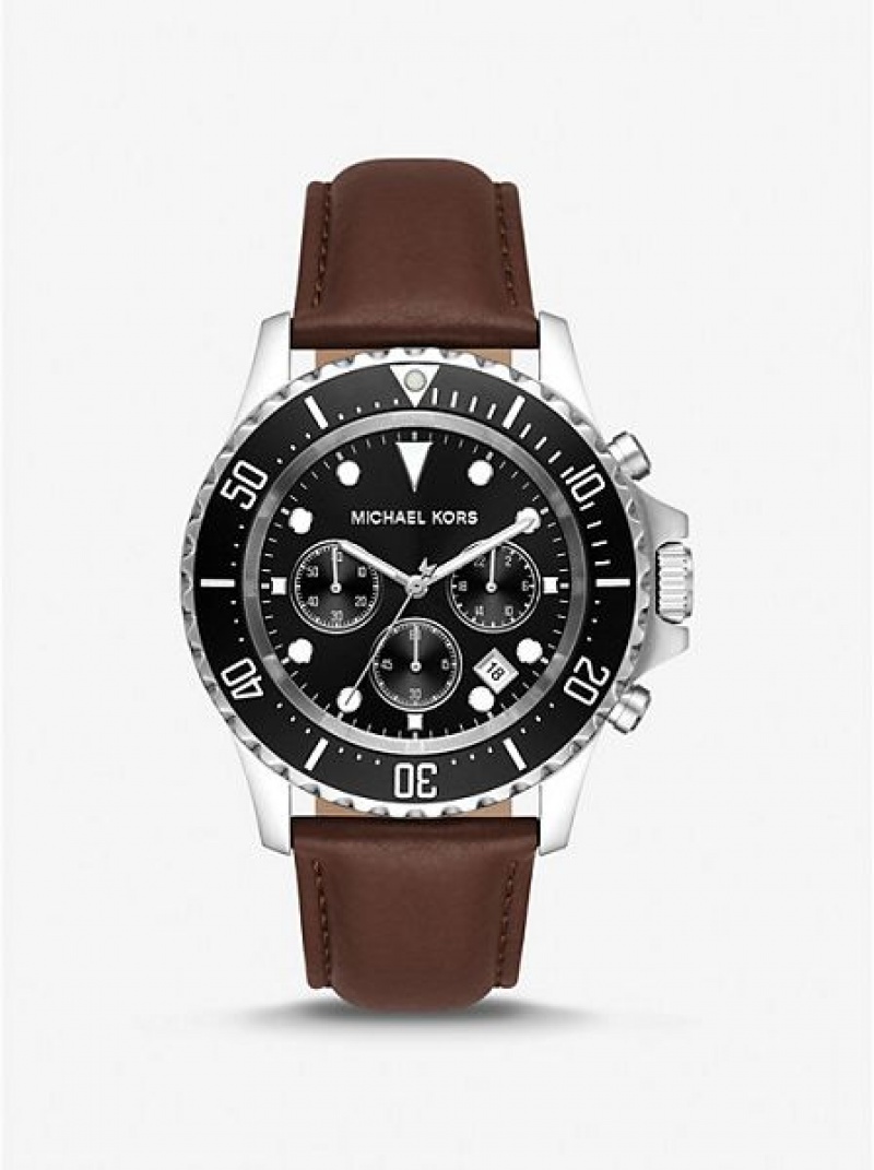 Michael Kors Oversized Everest And Leren Horloge Dames Zilver | 210547-LQK