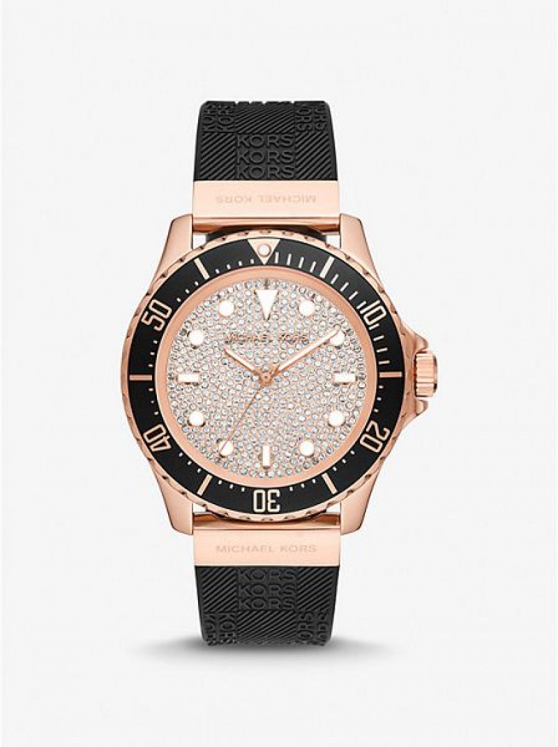 Michael Kors Oversized Slim Everest Pave And Embossed Siliconen Horloge Dames Zwart Roze Goud | 594732-IKN