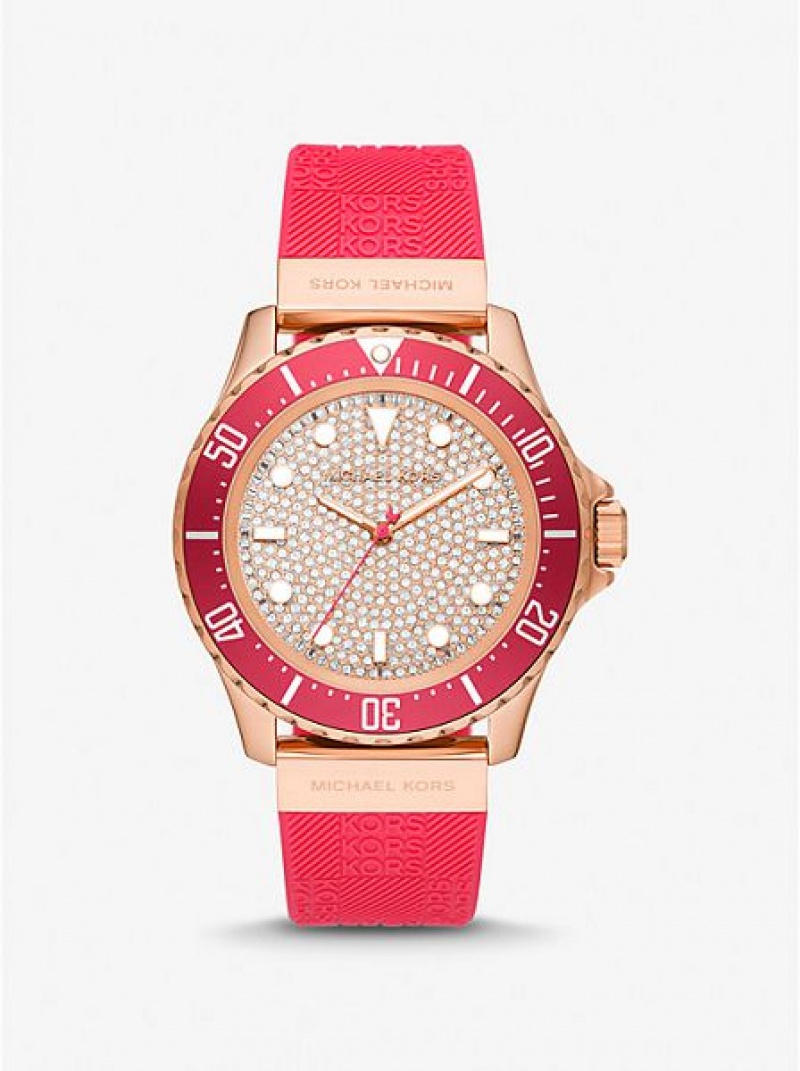 Michael Kors Oversized Slim Everest Pave And Embossed Siliconen Horloge Dames Rood Roze Goud | 463975-MYK