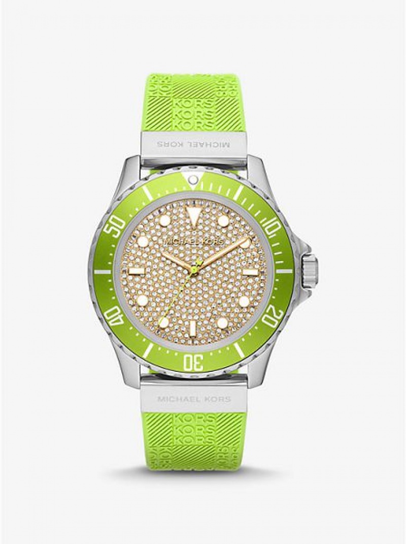 Michael Kors Oversized Slim Everest Pave And Embossed Siliconen Horloge Dames Zilver | 761052-RML