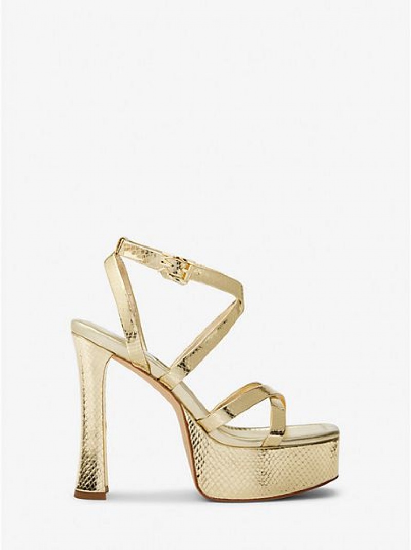 Michael Kors Paola Metallic Snake Embossed Leren Plateau Sandalen Dames Goud | 253078-LIG