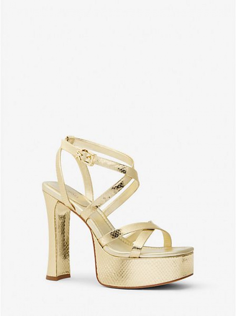 Michael Kors Paola Metallic Snake Embossed Leren Plateau Sandalen Dames Goud | 253078-LIG