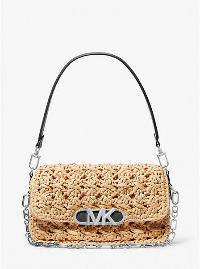 Michael Kors Parker Medium Woven Straw Schoudertassen Dames Beige Zwart | 207354-RZL