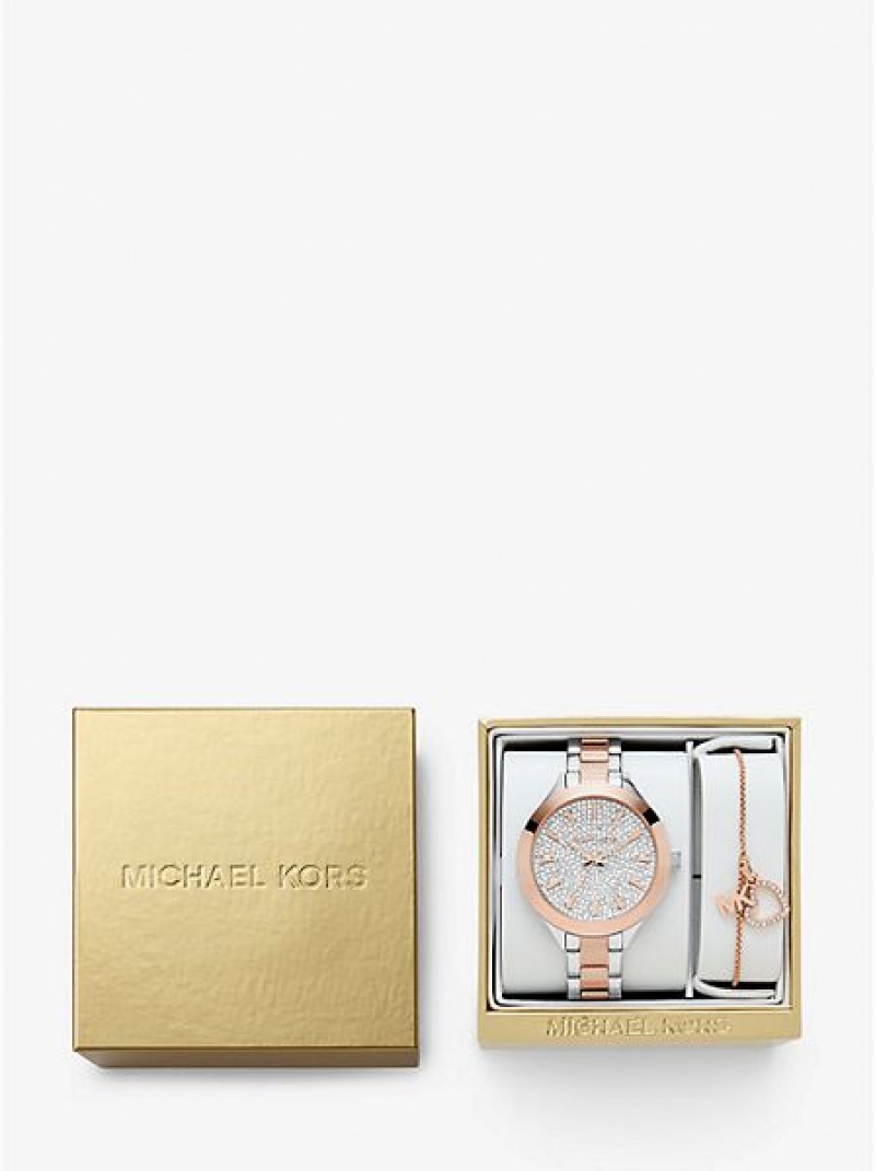 Michael Kors Pave And Heart Bracelet Set Horloge Dames Zilver Roze | 154907-GEM