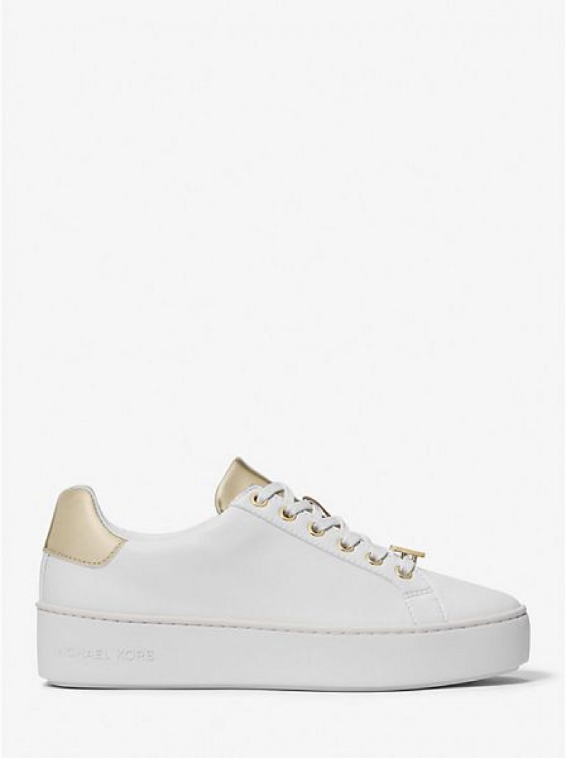 Michael Kors Poppy Two-tone Faux Leren Sneakers Dames Wit Goud | 304128-VRY