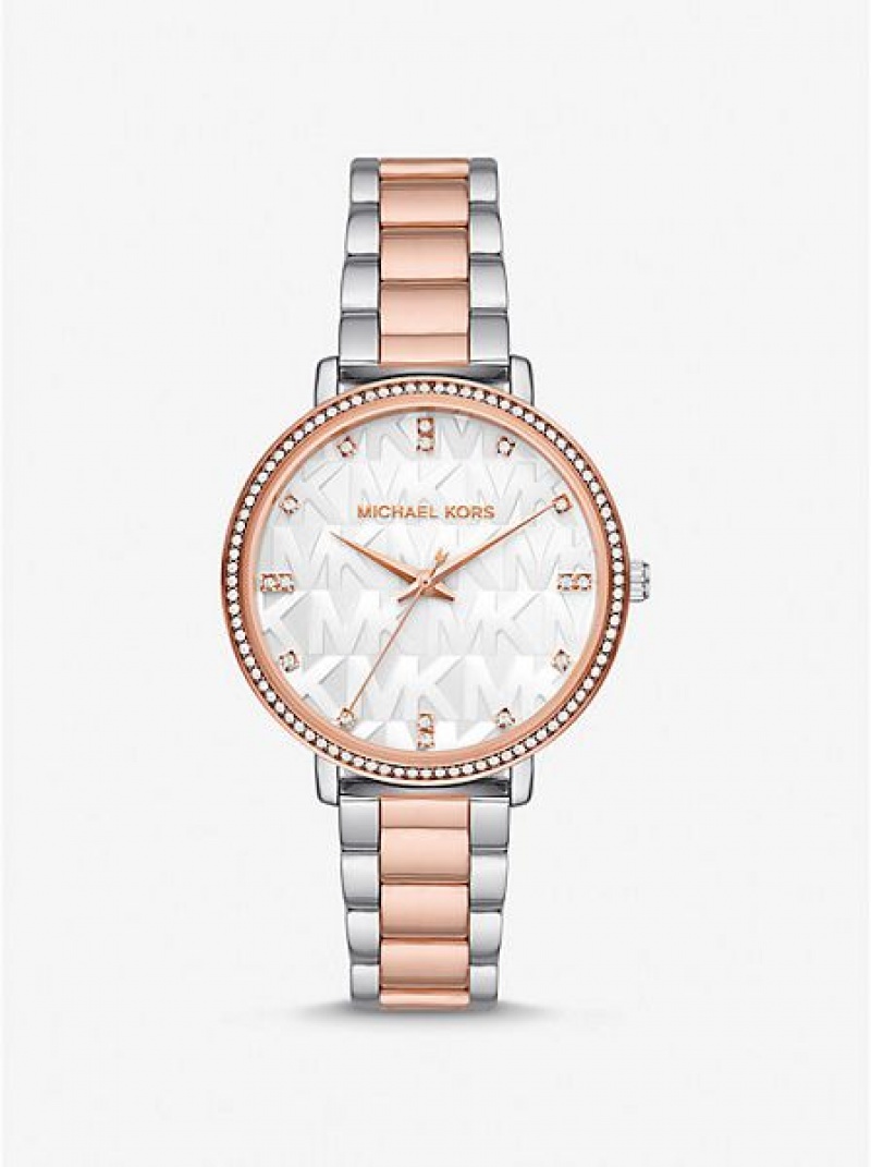 Michael Kors Pyper Embossed Logo Horloge Dames Zilver Roze | 320748-JEF