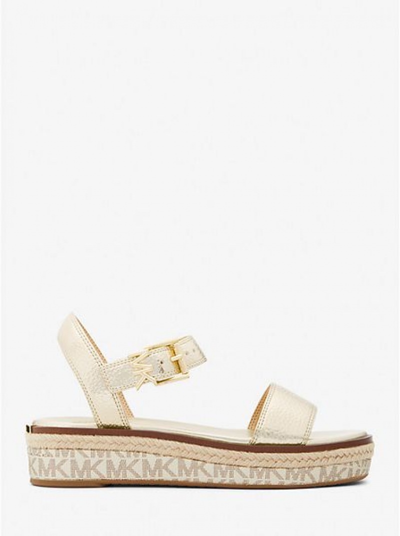 Michael Kors Richie Metallic Faux Leren And Logo Espadrilles Plateau Sandalen Dames Goud | 654793-UNT